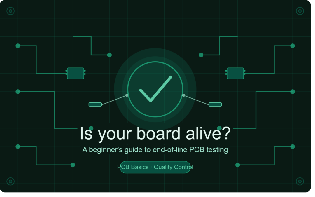 Stylized PCB circuit board illustration with test probes